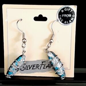 Silver flake & turquoise fused glass earring from the Alamo pierced wire wrapped